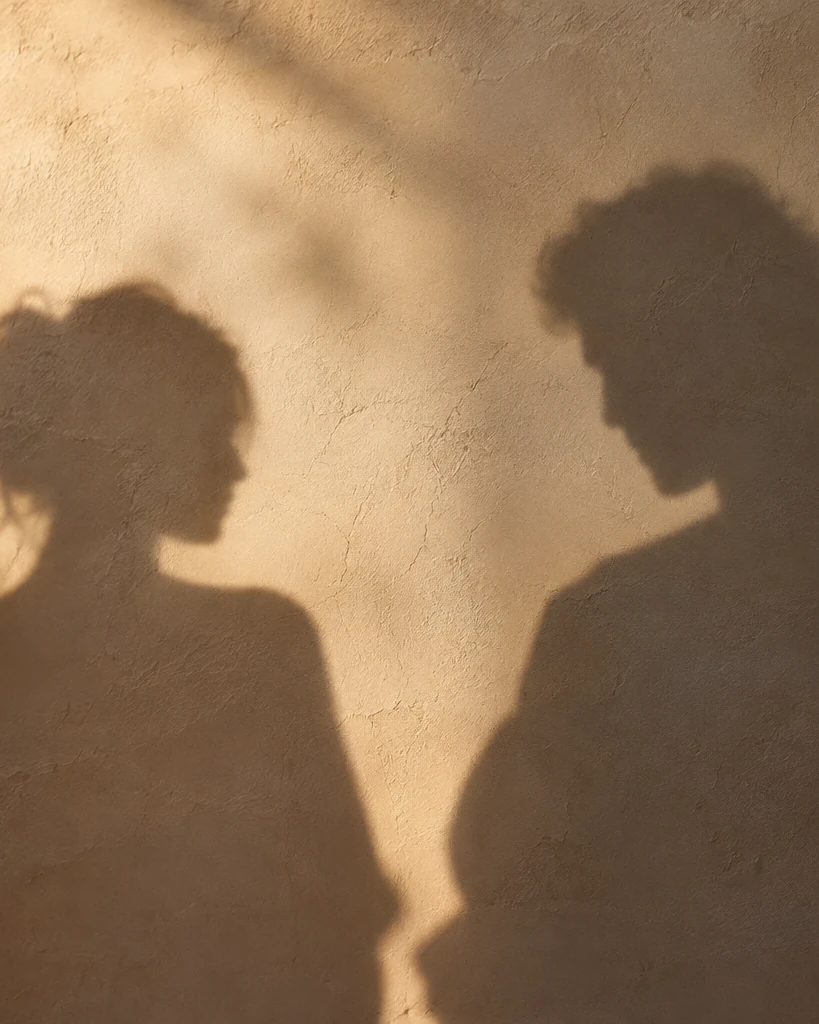Two shadow silhouettes in conversation on a sunlit wall