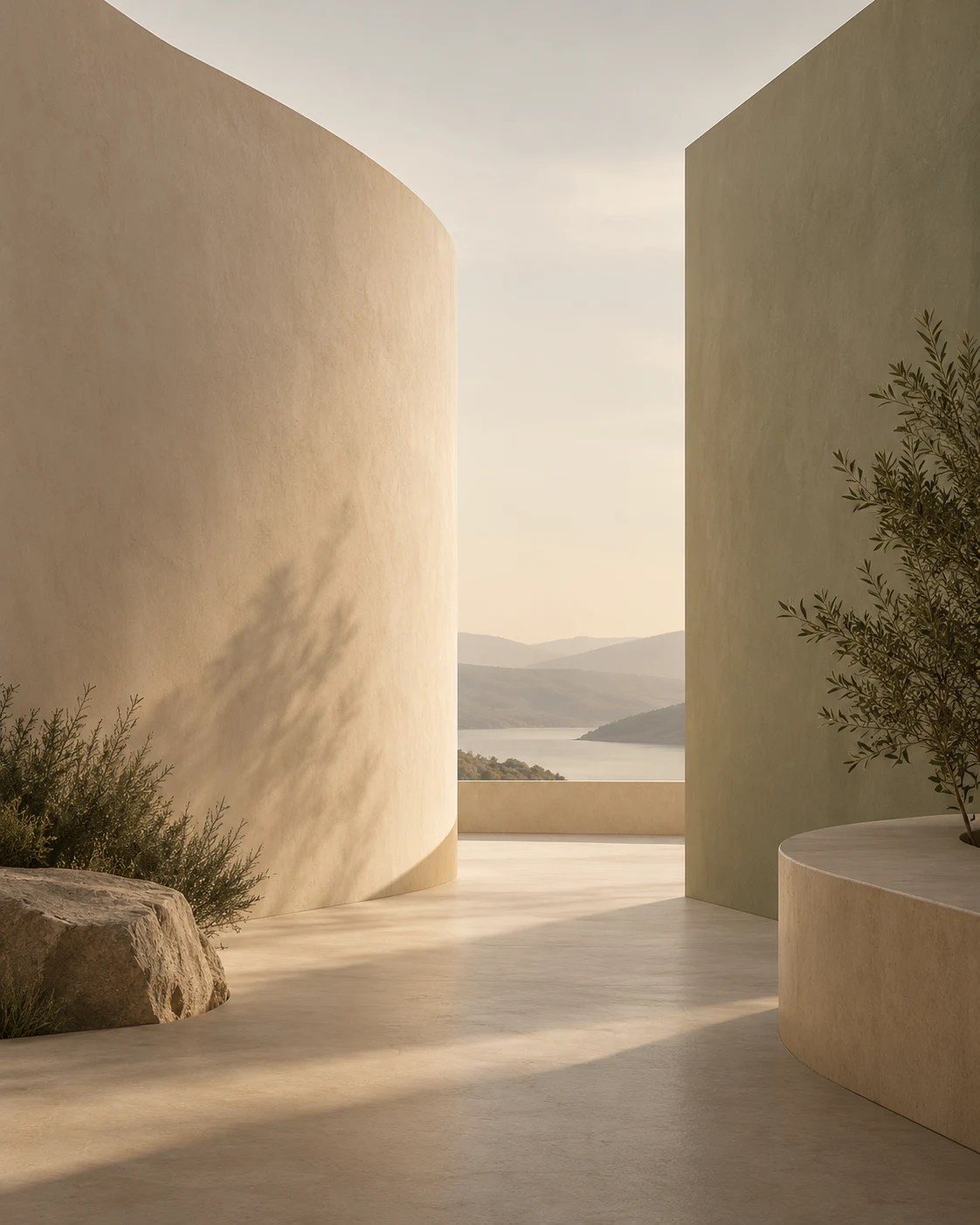 A narrow passage between two curved wall forms, opening onto hills and sea