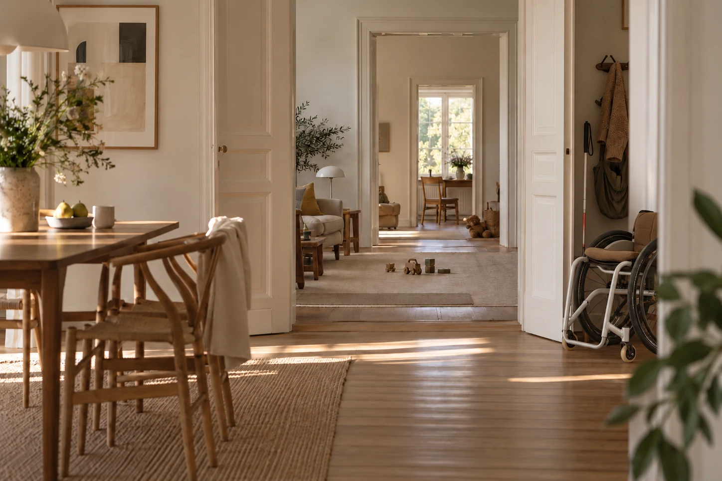 A view through a home with a wheelchair and a white cane by the entrance, children&rsquo;s toys in the hallway
