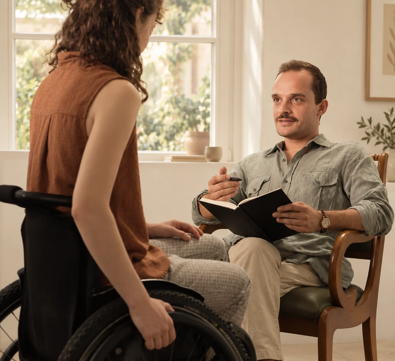 Two adults in conversation, one person using a wheelchair, in a bright living room